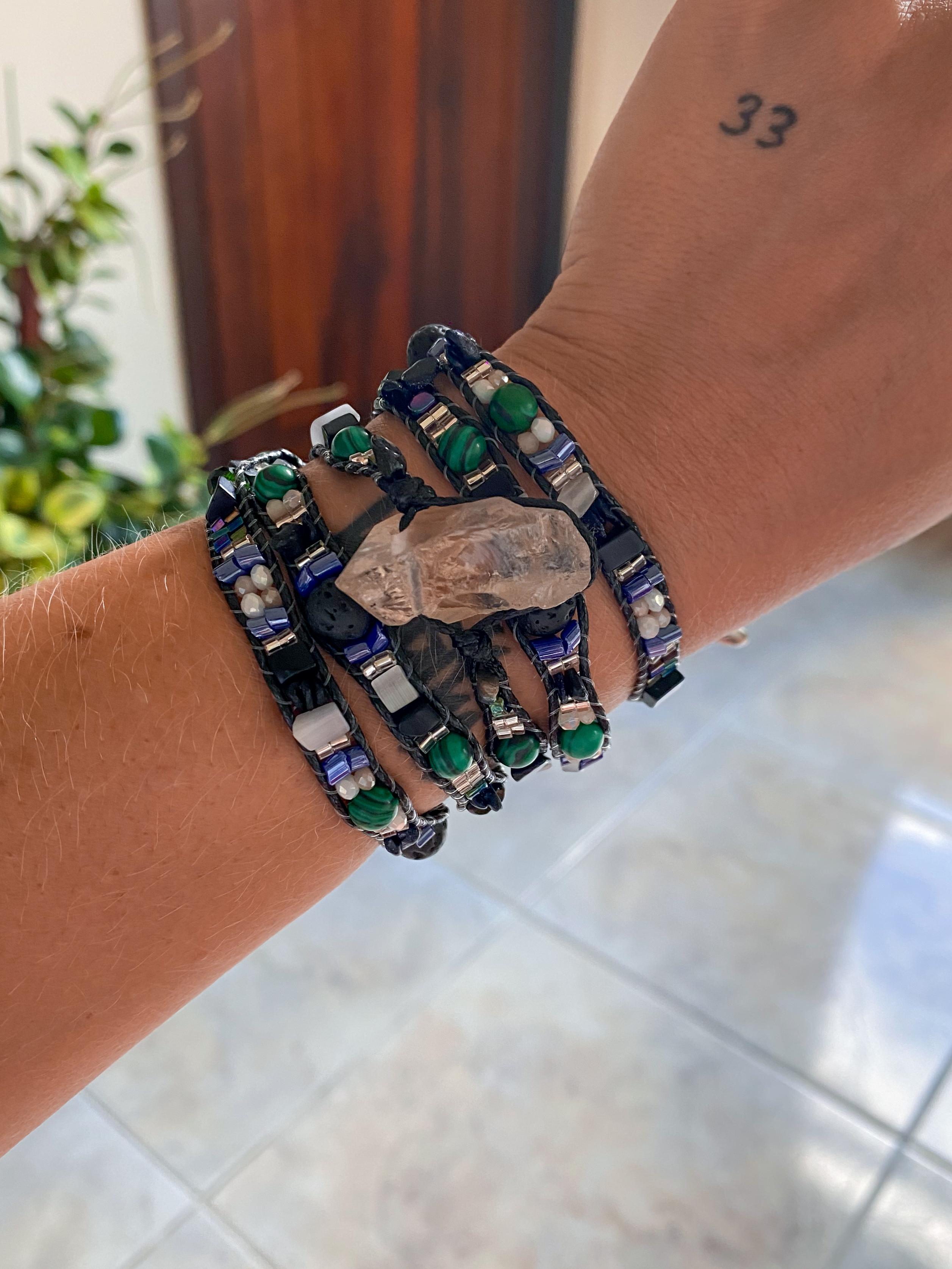 Pulseira 5 voltas | Quartzo Branco + Vulcânica