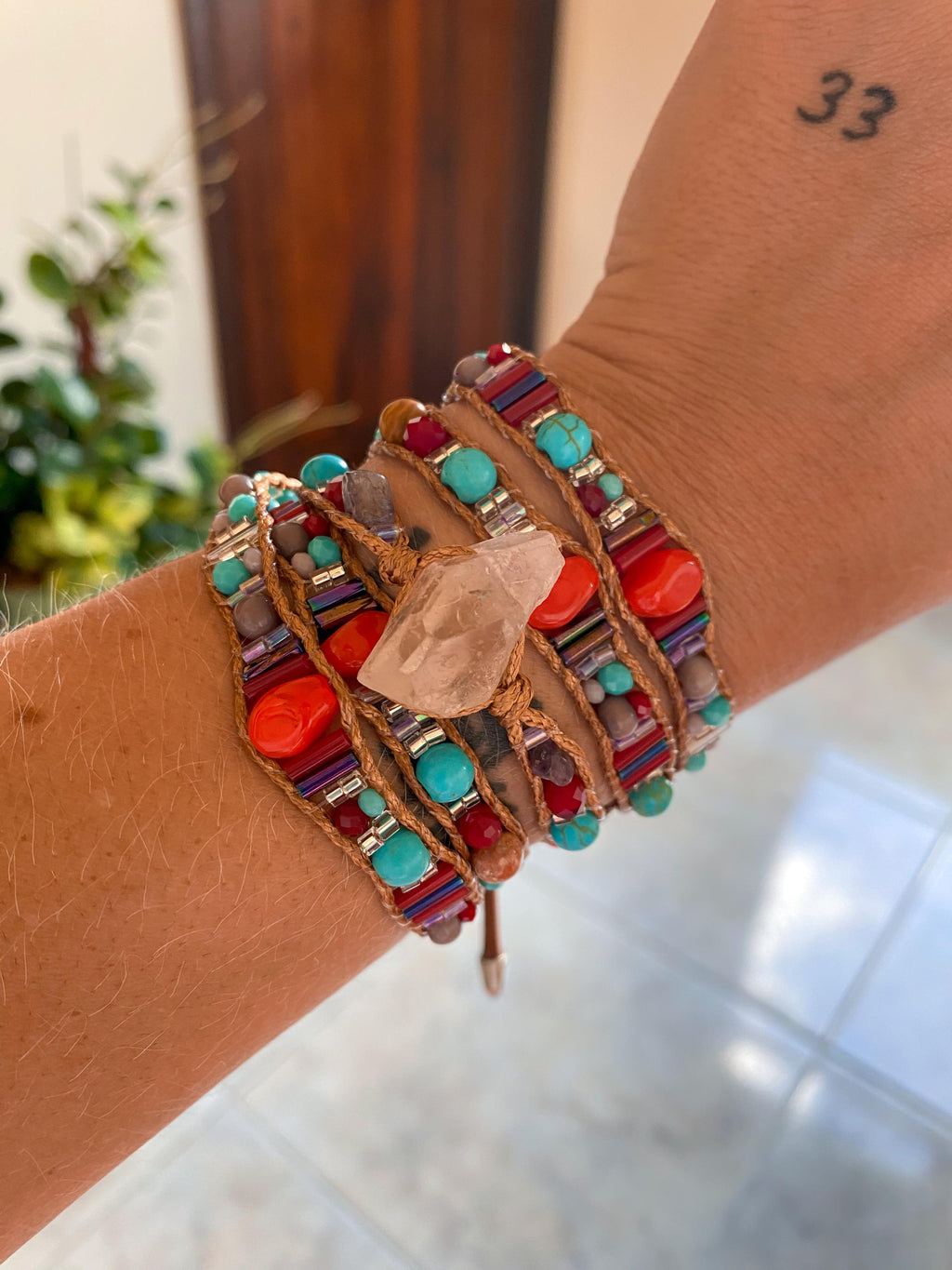 Pulseira 5 voltas | Quartzo Branco + Turquesa
