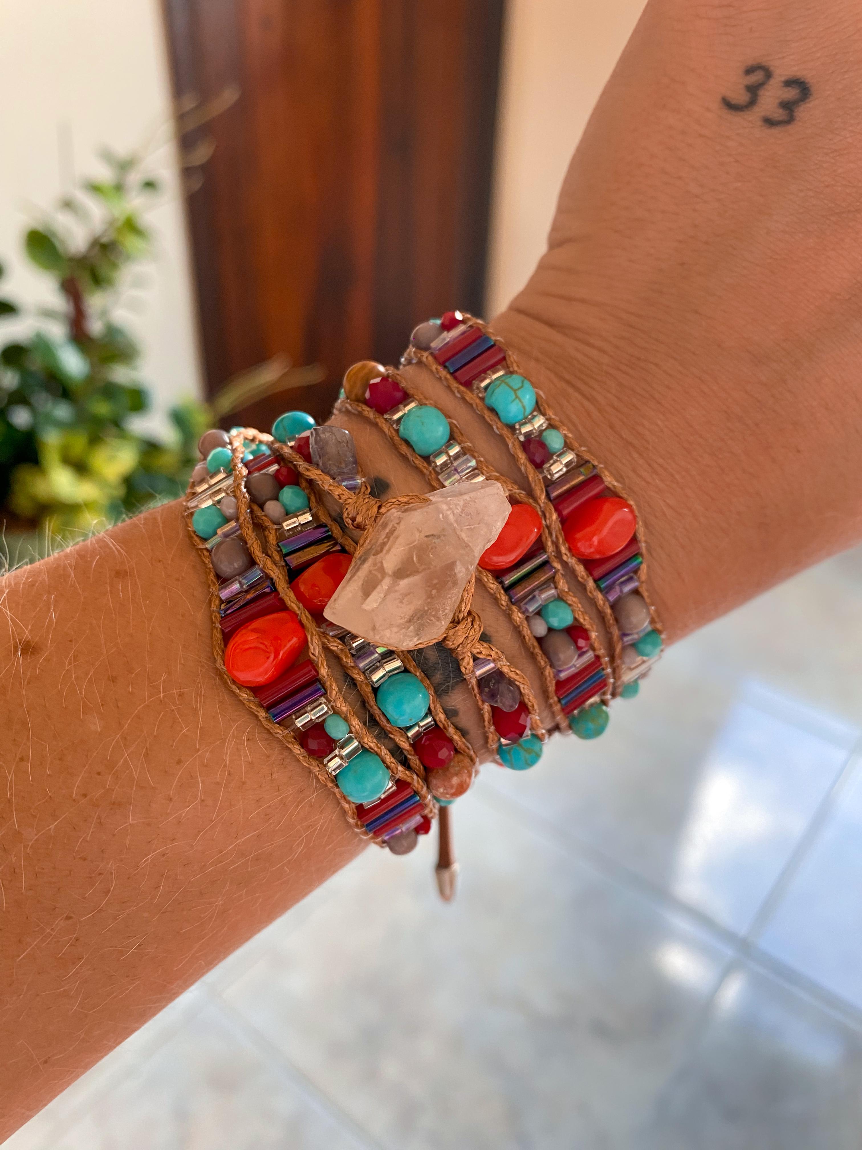 Pulseira 5 voltas | Quartzo Branco + Turquesa