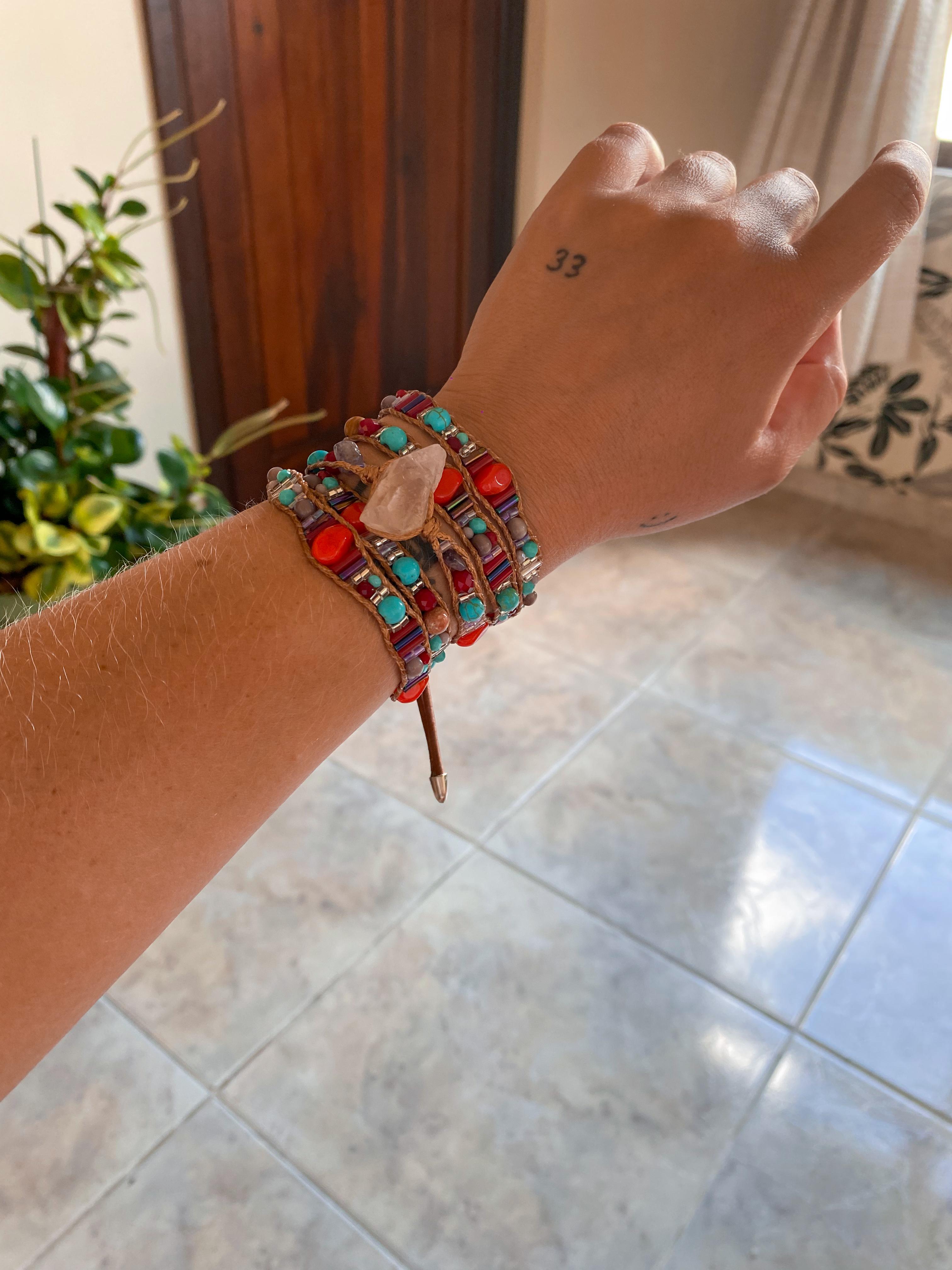Pulseira 5 voltas | Quartzo Branco + Turquesa