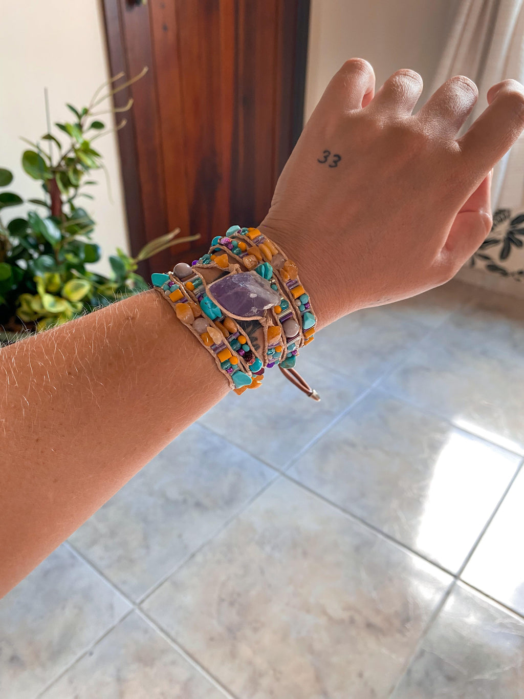 Pulseira 5 voltas | Ametista + Jade Mel