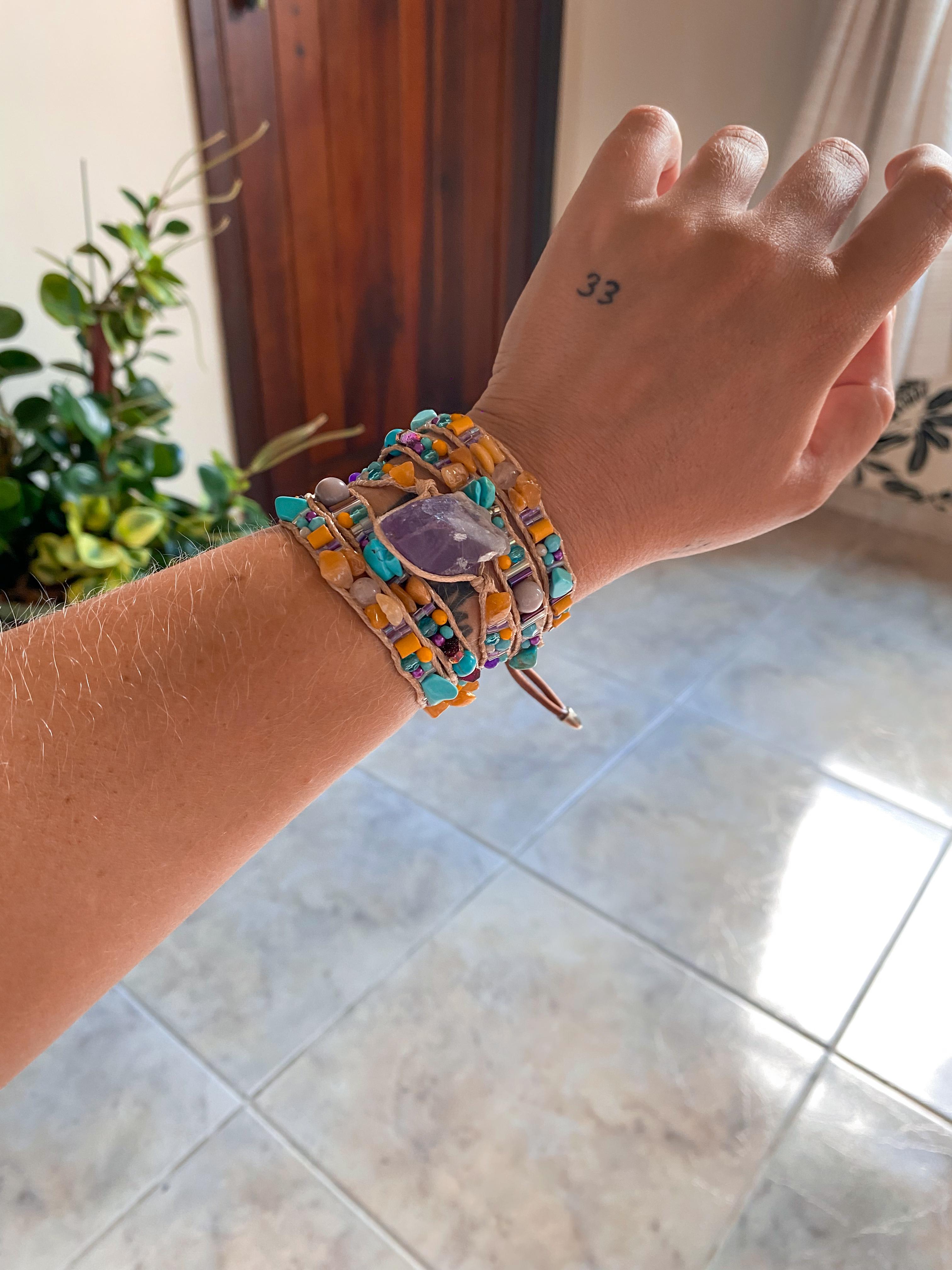 Pulseira 5 voltas | Ametista + Jade Mel