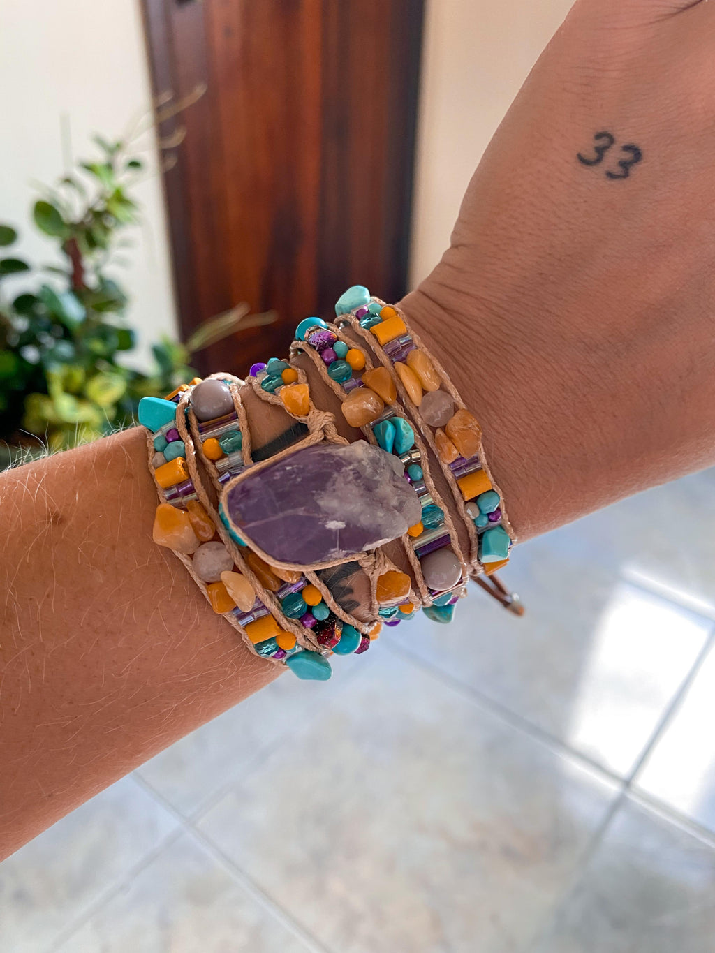 Pulseira 5 voltas | Ametista + Jade Mel