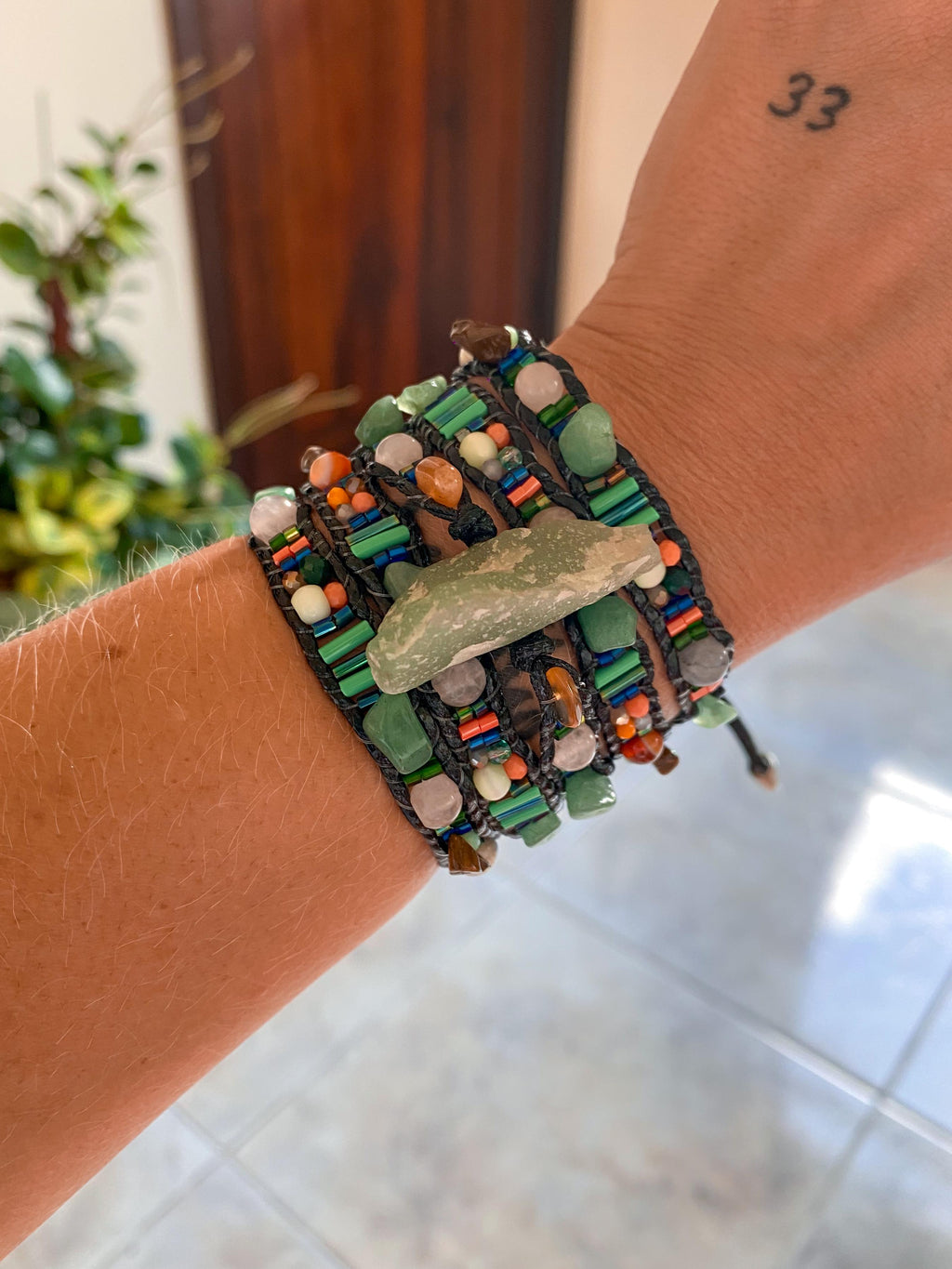Pulseira 5 voltas | Quartzo Verde + Quartzo Branco