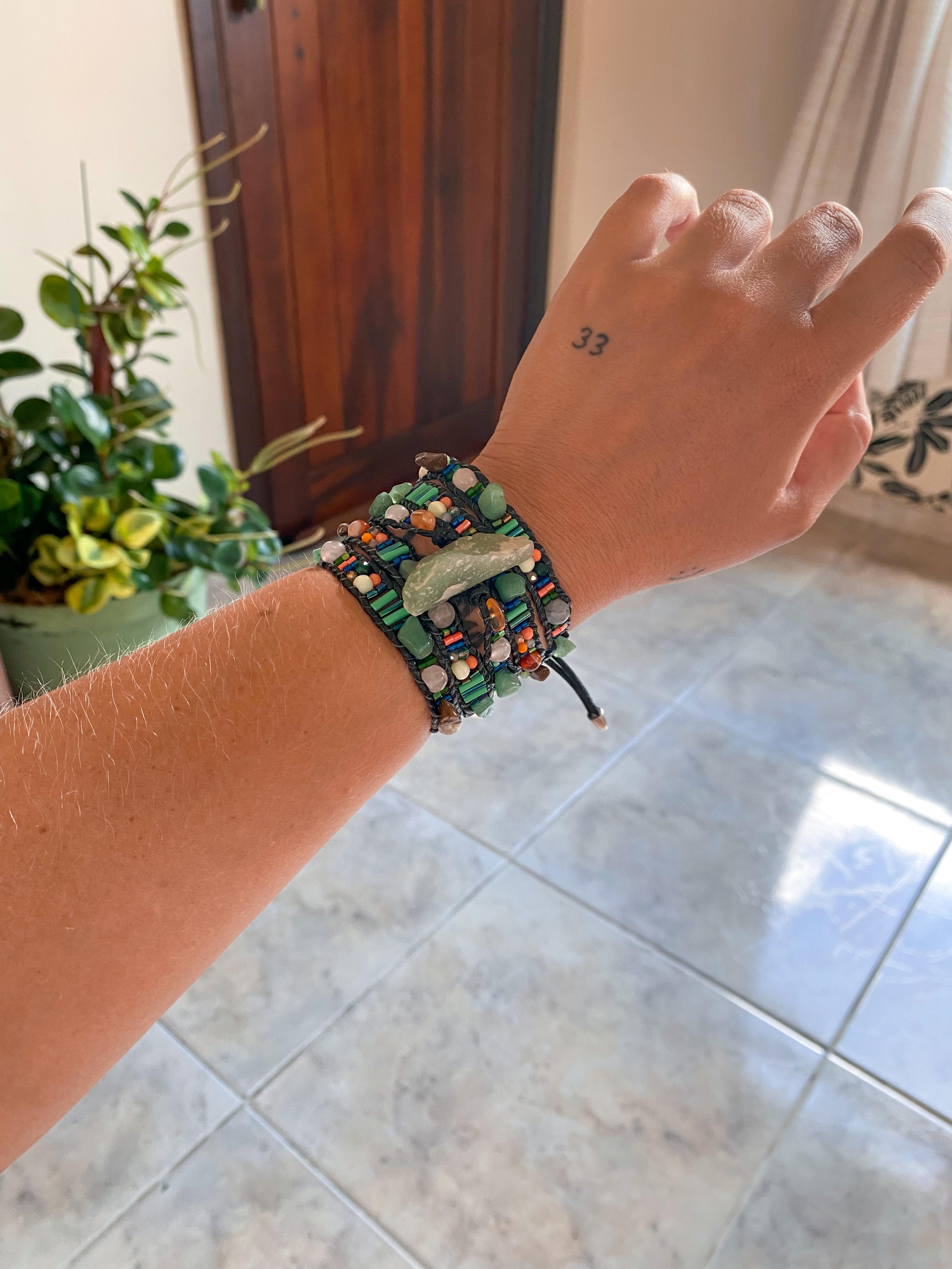 Pulseira 5 voltas | Quartzo Verde + Quartzo Branco