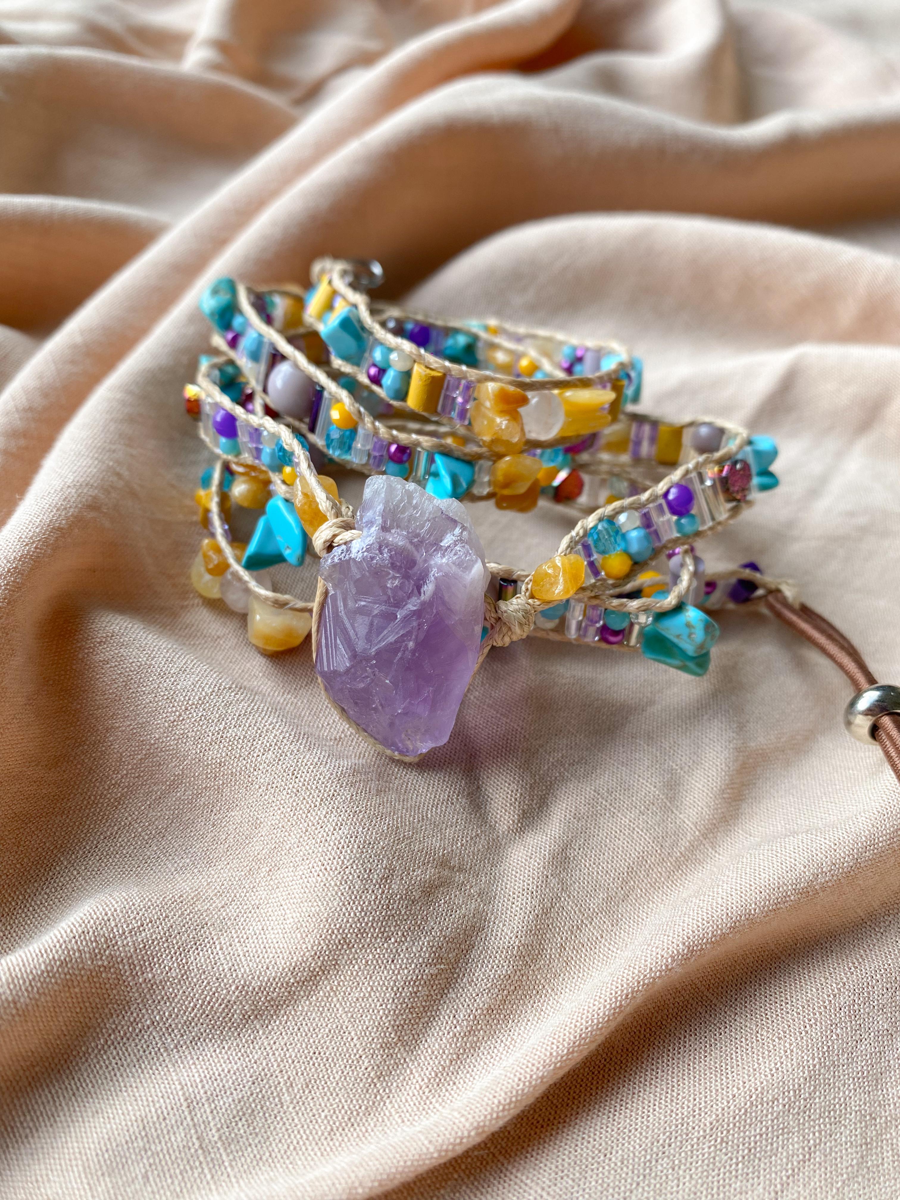 Pulseira 5 voltas | Ametista + Jade Mel
