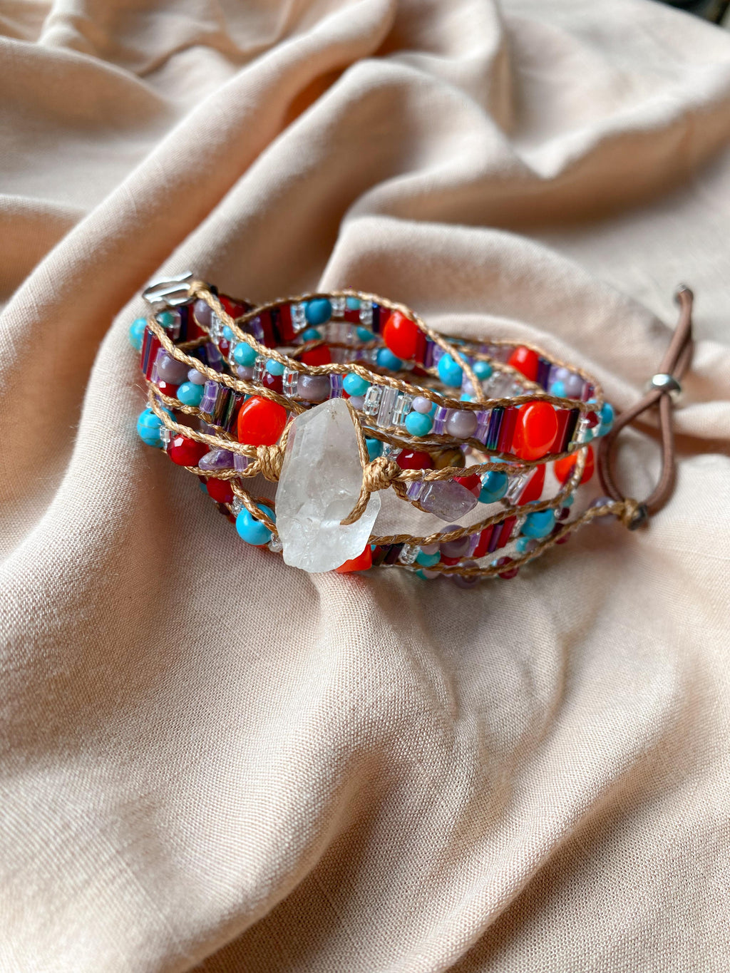 Pulseira 5 voltas | Quartzo Branco + Turquesa