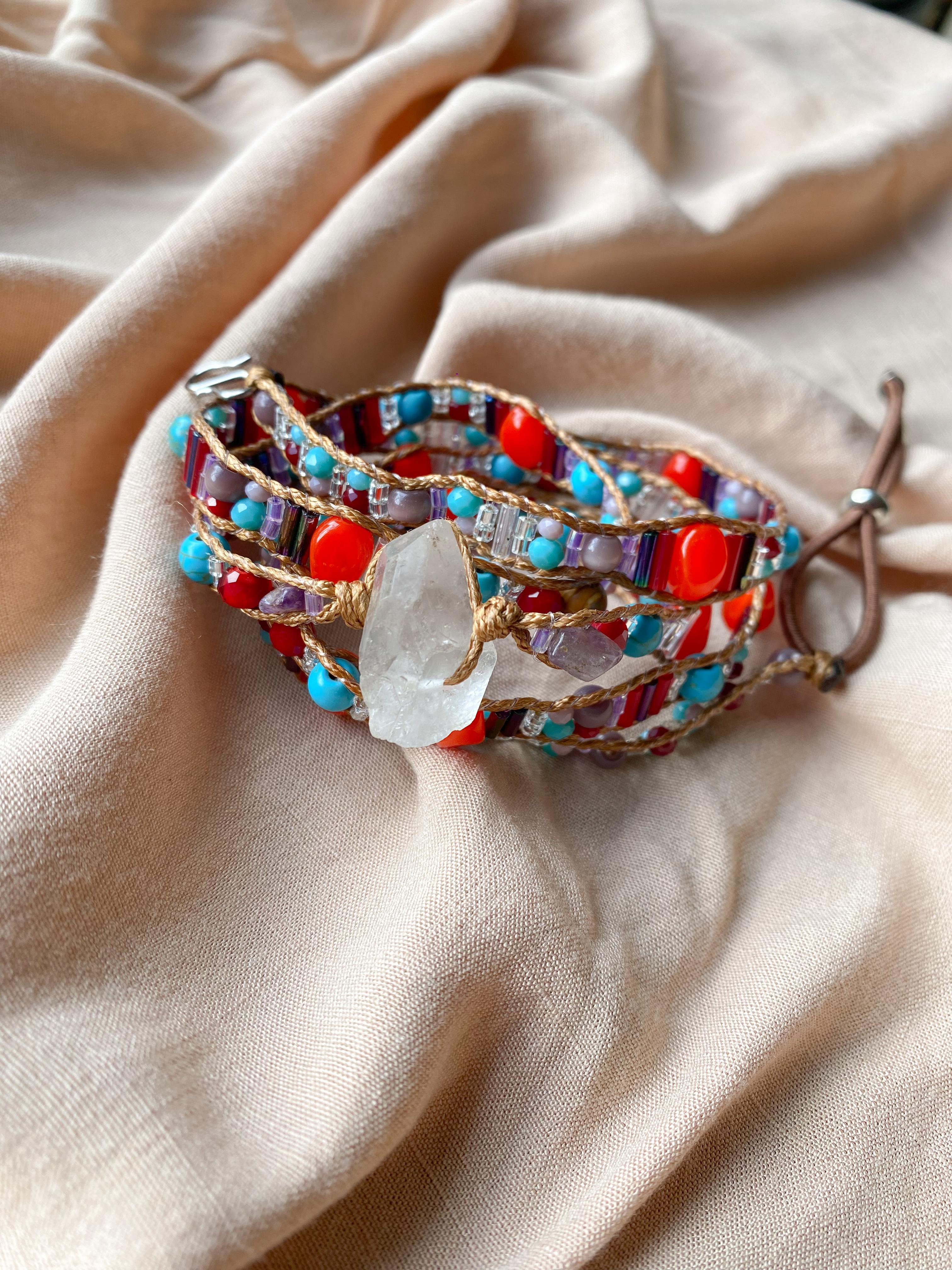 Pulseira 5 voltas | Quartzo Branco + Turquesa